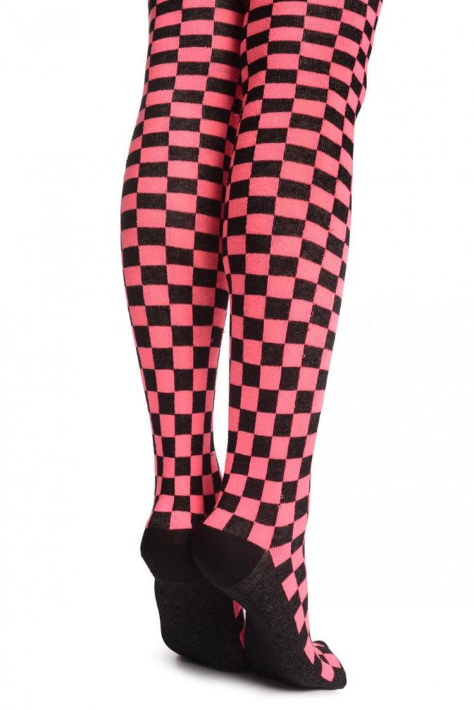 Liss Kiss Neon Pink & Black Checked - Over The Knee Socks