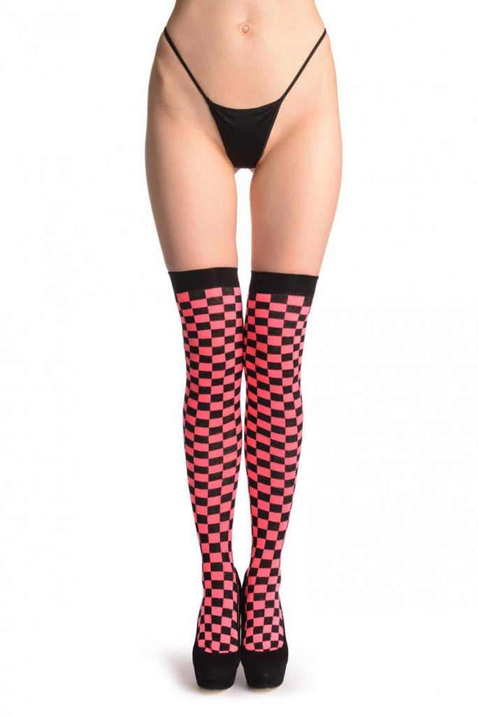 Liss Kiss Neon Pink & Black Checked - Over The Knee Socks