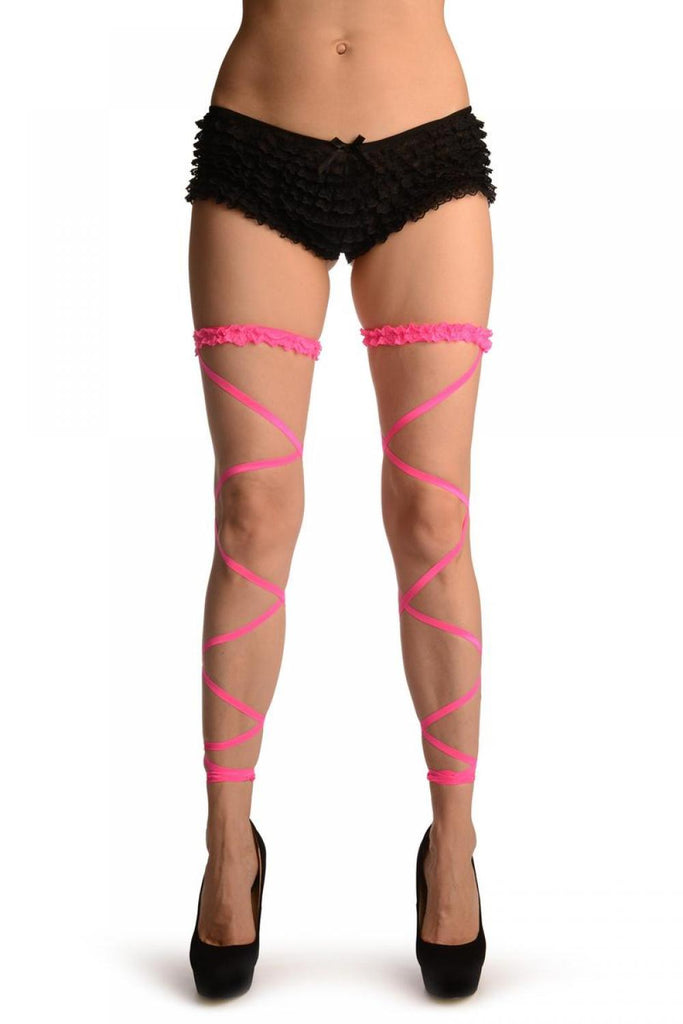 liss kiss Neon Pink Elasticated Ribbon Leg Wrap & Lace Garter - Leg Warmers