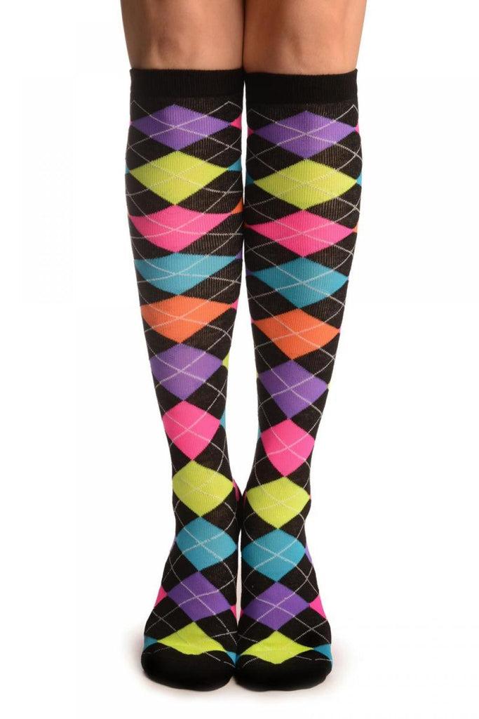 Liss Kiss Neon Rainbow Argyle Socks Knee High - Socks
