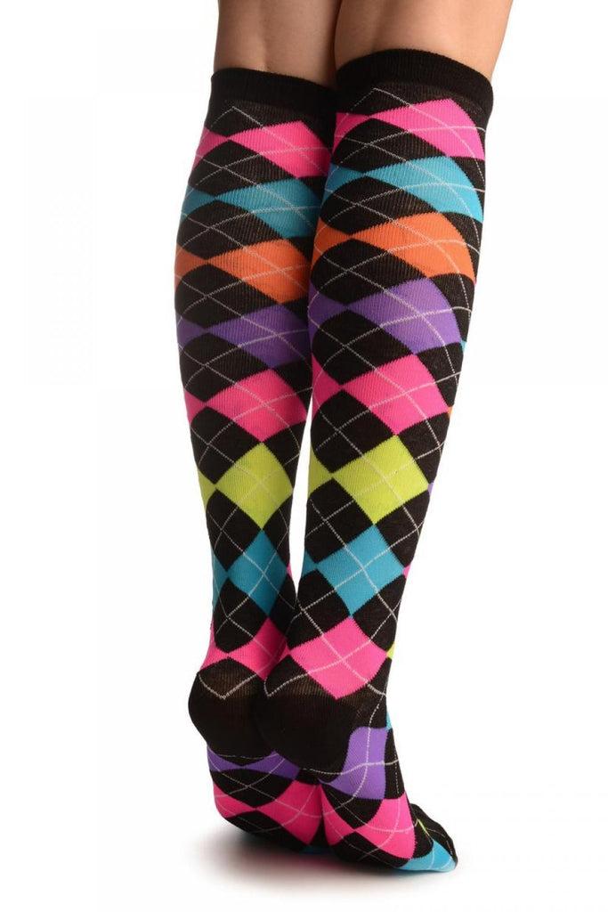 Liss Kiss Neon Rainbow Argyle Socks Knee High - Socks
