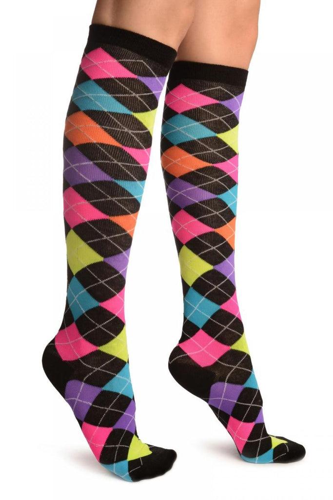 liss kiss Neon Rainbow Argyle Socks Knee High - Socks