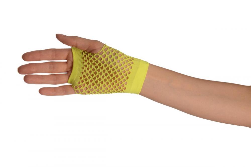 Liss Kiss Neon Yellow Short Fishnet Fingerless Party Gloves - Gloves
