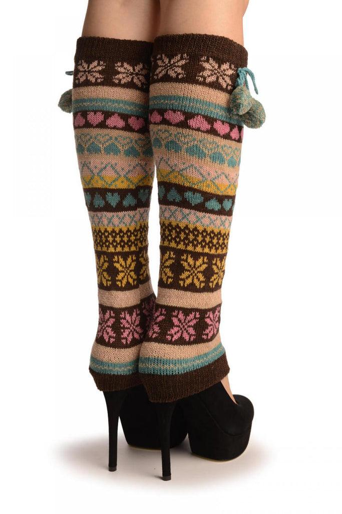 Liss Kiss Nordic Snowflakes & Hearts On Brown With Ponpon - Leg Warmers