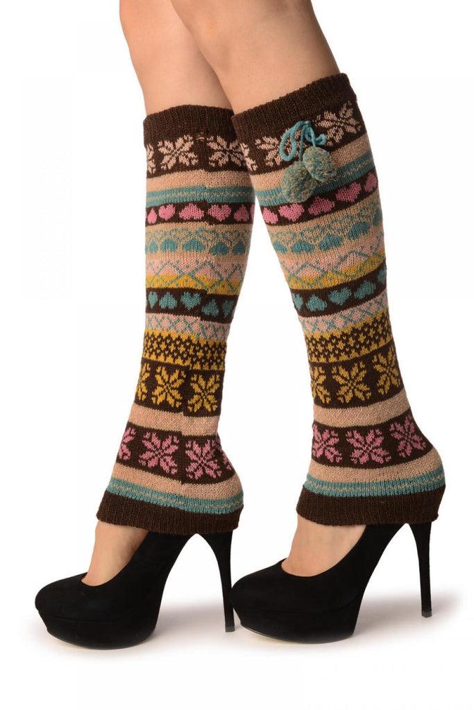 Liss Kiss Nordic Snowflakes & Hearts On Brown With Ponpon - Leg Warmers