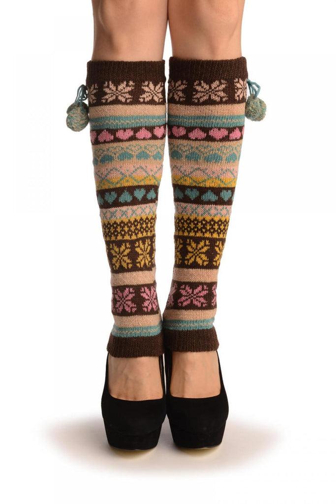 Liss Kiss Nordic Snowflakes & Hearts On Brown With Ponpon - Leg Warmers