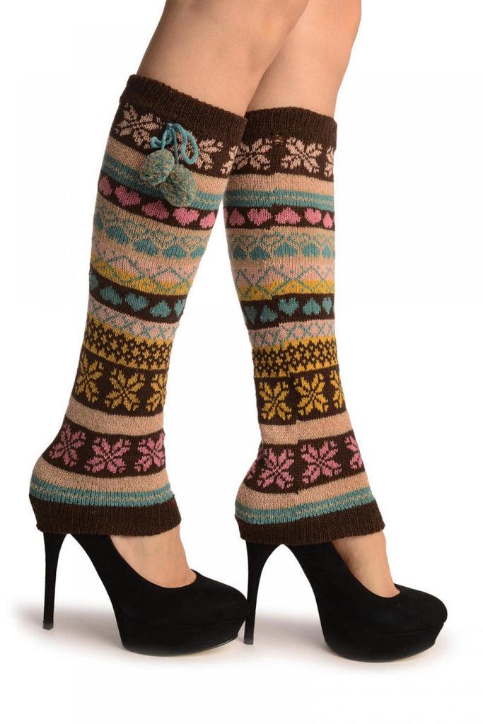 liss kiss Nordic Snowflakes & Hearts On Brown With Ponpon - Leg Warmers