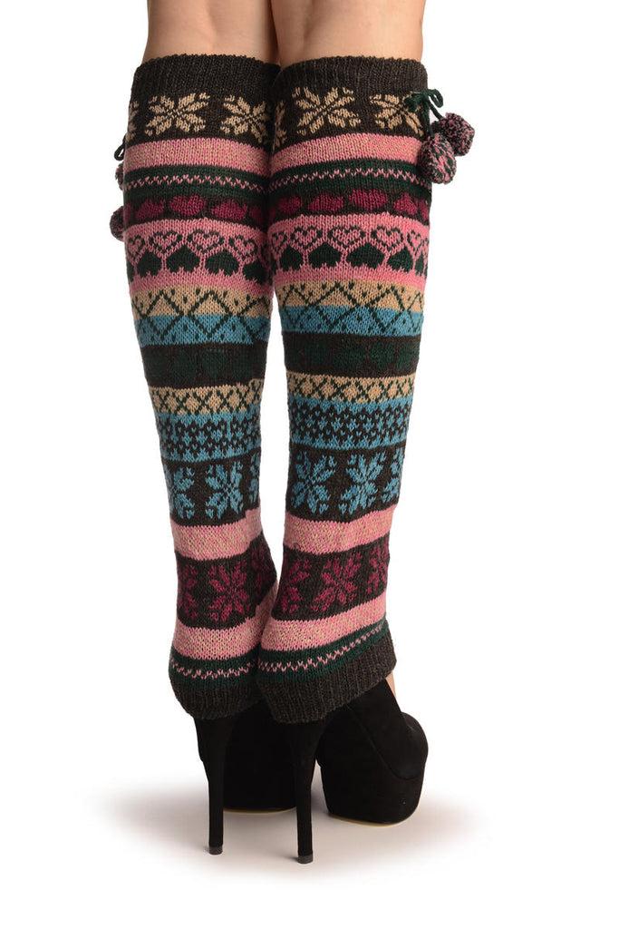 Liss Kiss Nordic Snowflakes & Hearts On Grey With Ponpon - Leg Warmers