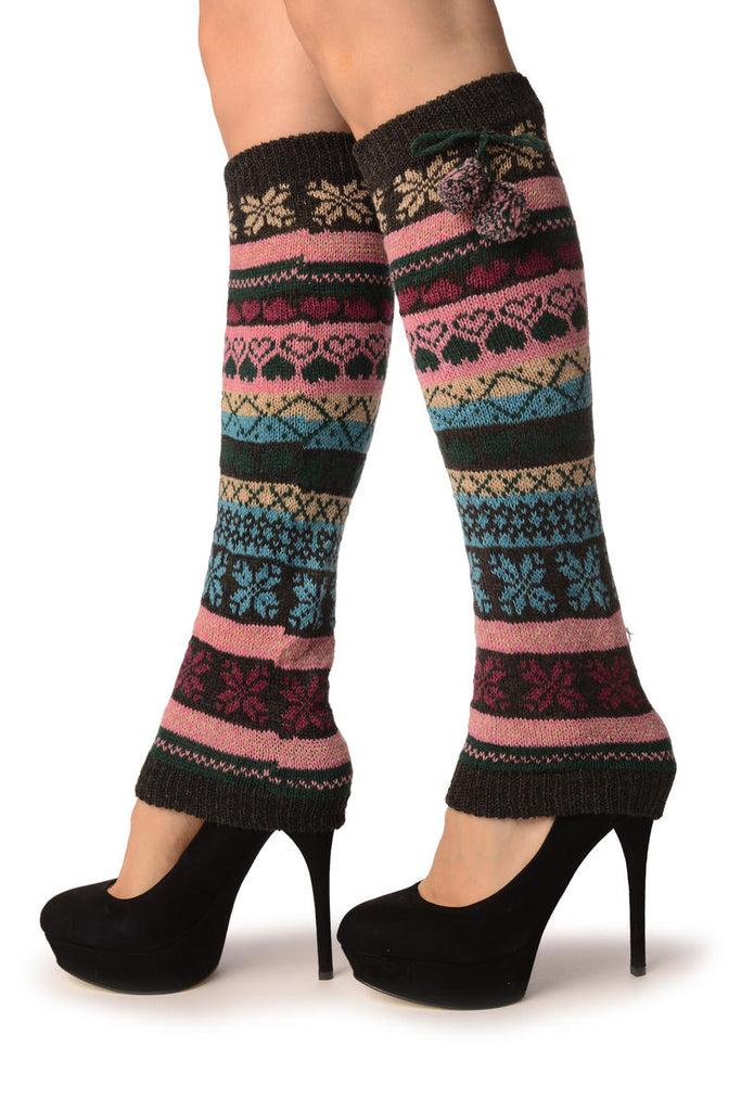 Liss Kiss Nordic Snowflakes & Hearts On Grey With Ponpon - Leg Warmers