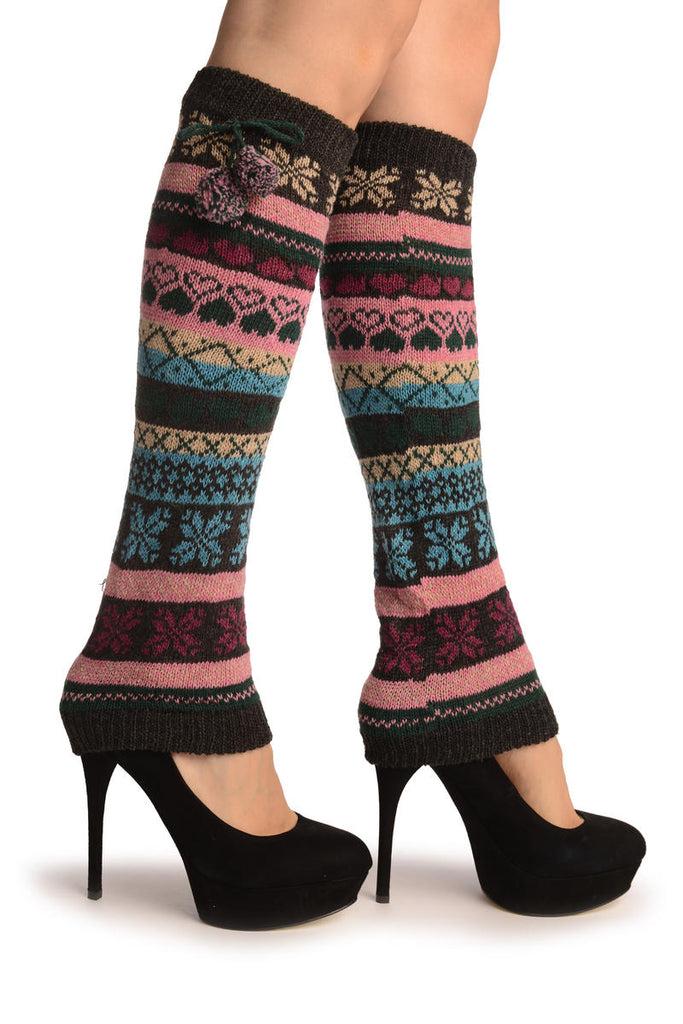 liss kiss Nordic Snowflakes & Hearts On Grey With Ponpon - Leg Warmers