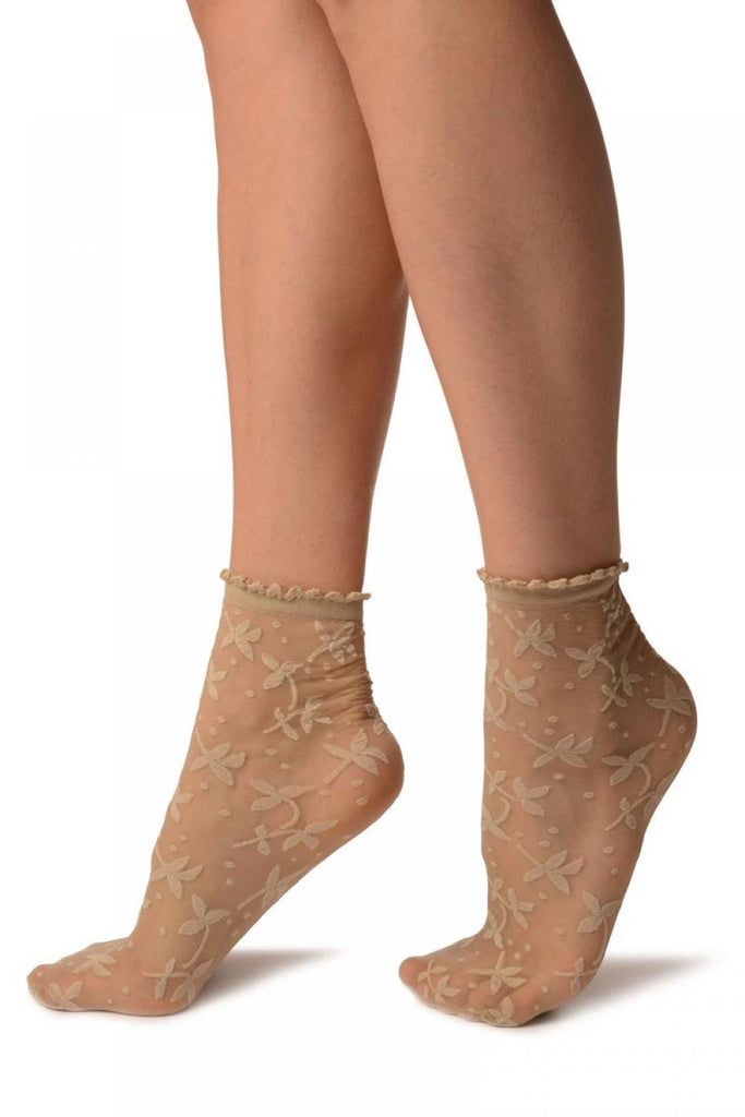 Liss Kiss Nude Flowers Ankle High Socks With Comfort Top - Socks