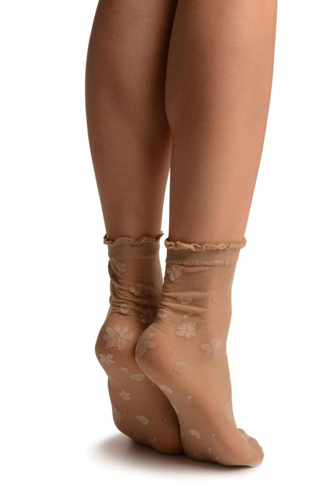 Liss Kiss Nude Micro Mesh With Flowers Ankle High Socks With Comfort Top - Socks