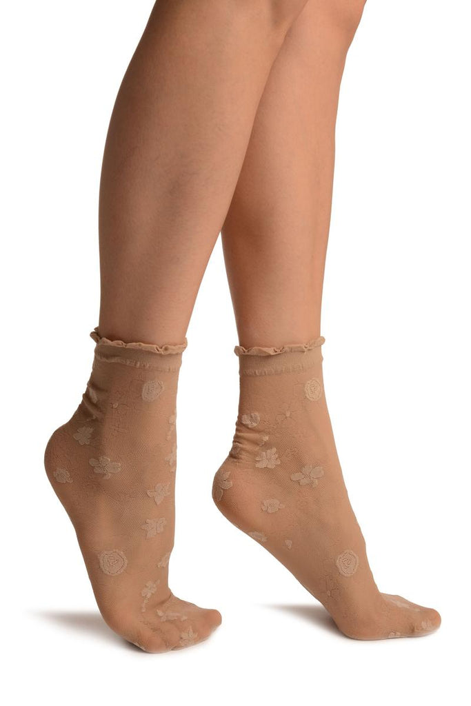 liss kiss Nude Micro Mesh With Flowers Ankle High Socks With Comfort Top - Socks