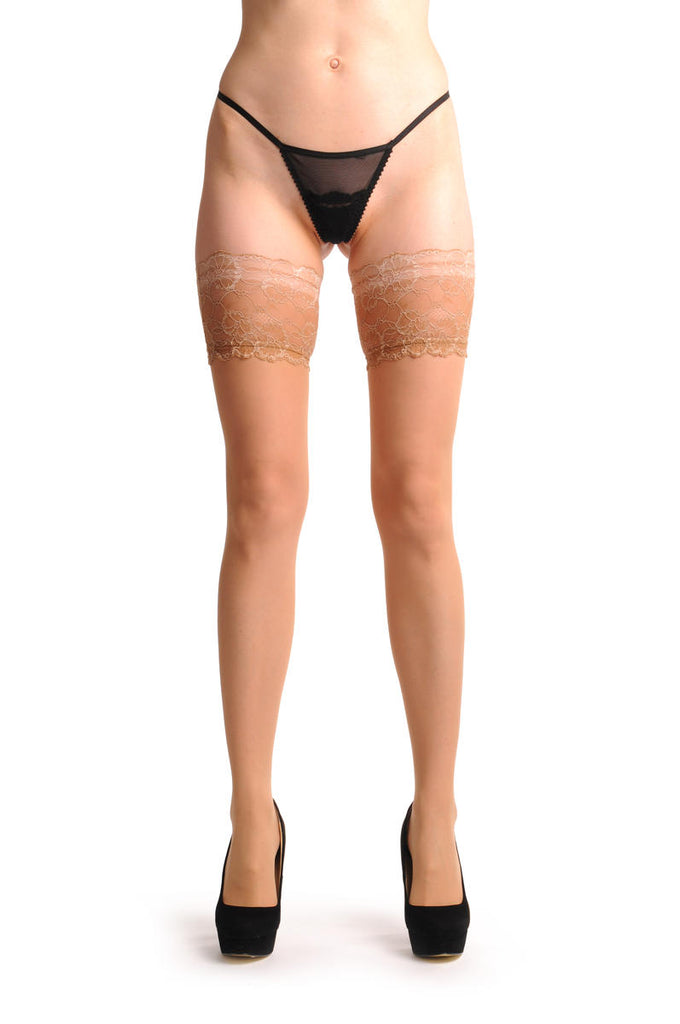 Liss Kiss Nude Sheer With Wide Luxury Floral Lace - Hold Ups