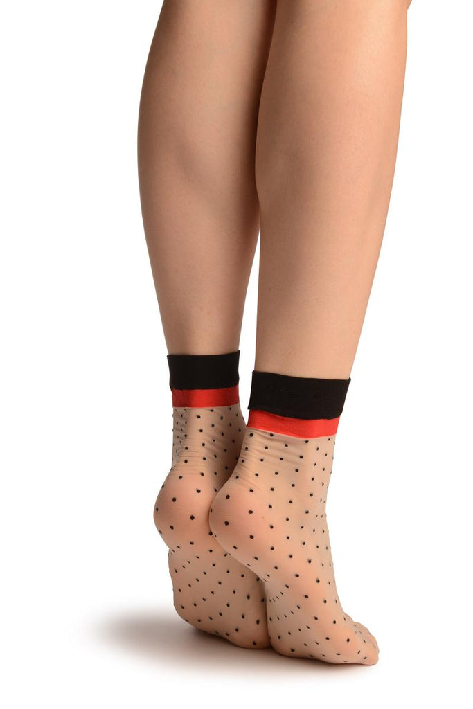 Liss Kiss Nude With Black Polka Dots & Red Stripe Top Socks Ankle High - Socks
