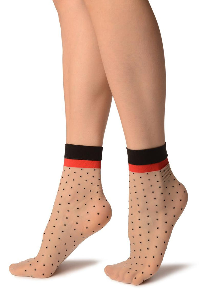 Liss Kiss Nude With Black Polka Dots & Red Stripe Top Socks Ankle High - Socks