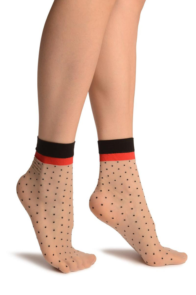 Liss Kiss Nude With Black Polka Dots & Red Stripe Top Socks Ankle High - Socks