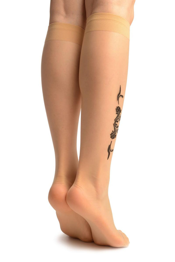 Liss Kiss Nude With Black Woven Carnation Flowers Socks Knee High - Socks