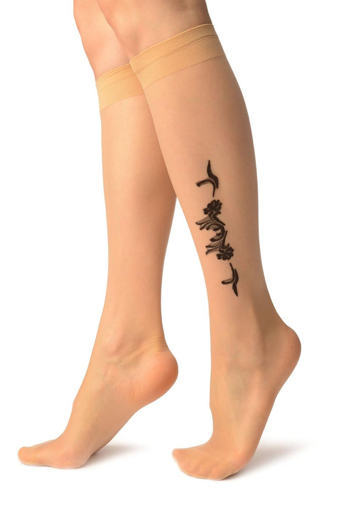 Liss Kiss Nude With Black Woven Carnation Flowers Socks Knee High - Socks