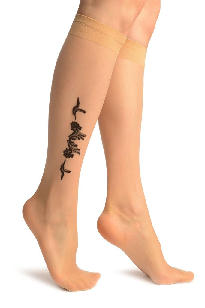 liss kiss Nude With Black Woven Carnation Flowers Socks Knee High - Socks