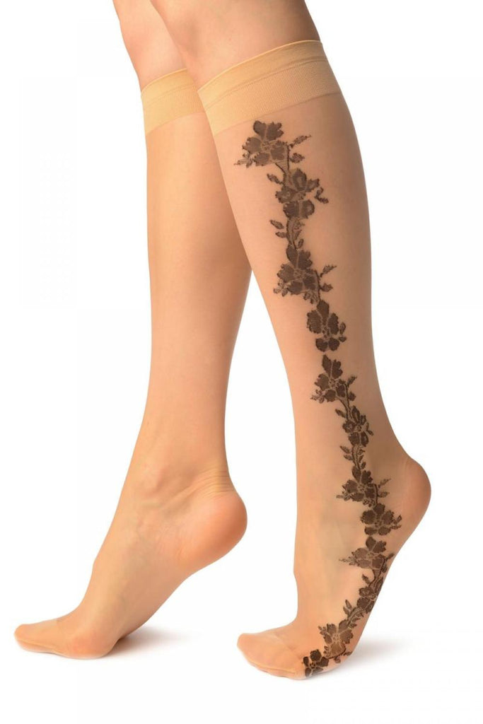 Liss Kiss Nude With Black Woven Flowers Seam Socks Knee High - Socks