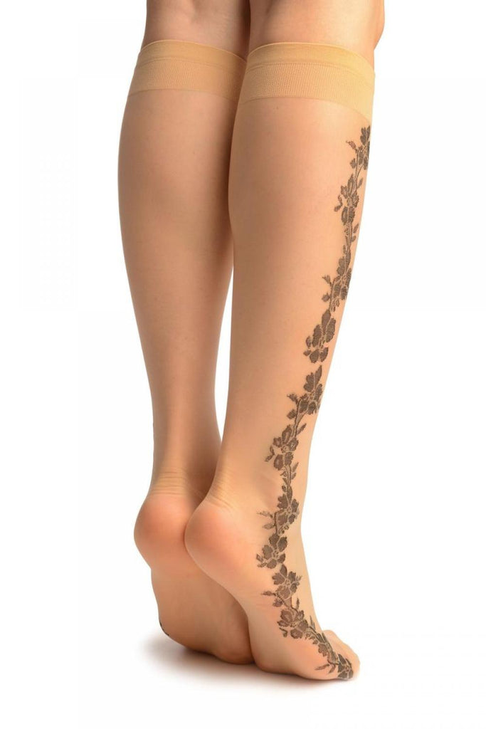 Liss Kiss Nude With Black Woven Flowers Seam Socks Knee High - Socks