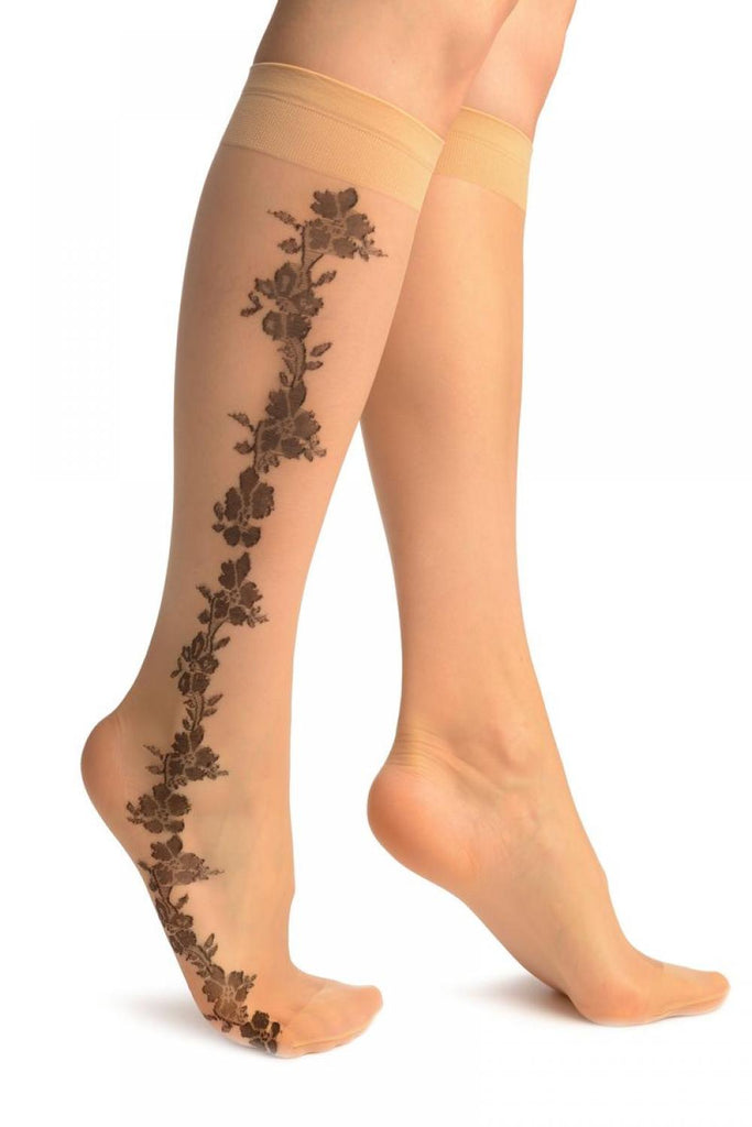 liss kiss Nude With Black Woven Flowers Seam Socks Knee High - Socks