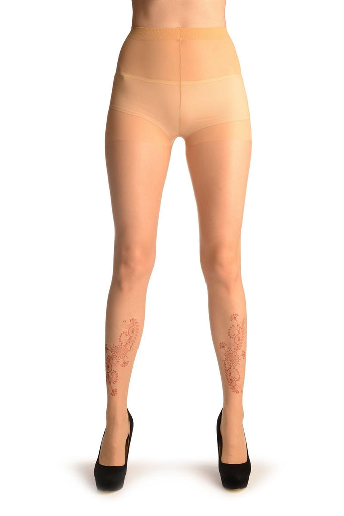 Liss Kiss Nude With Faux Henna Ankle Flowers - Tights