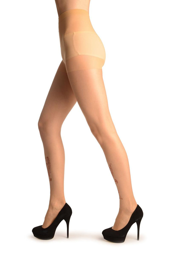 Liss Kiss Nude With Faux Henna Ankle Flowers - Tights