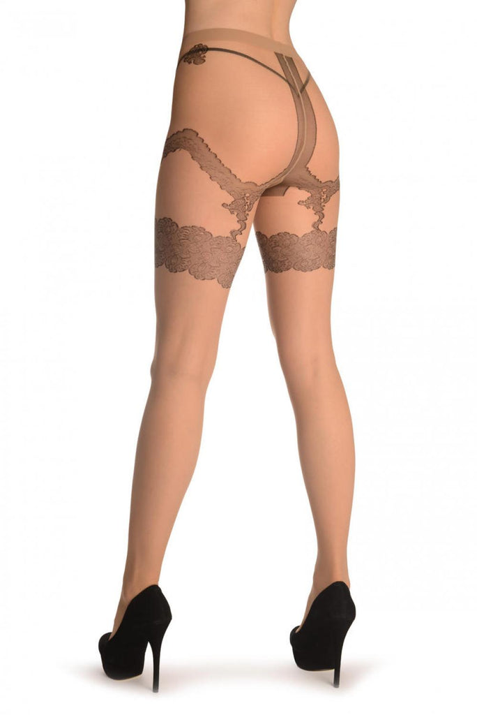 Liss Kiss Nude With Floral Faux Suspender Garter - Tights