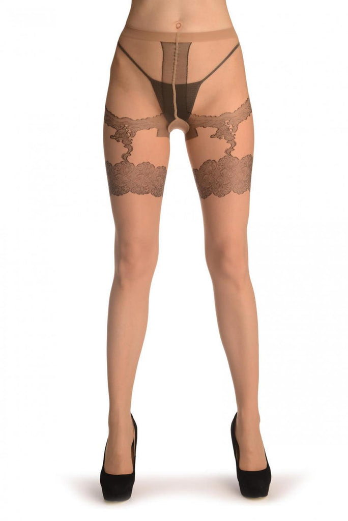 liss kiss Nude With Floral Faux Suspender Garter - Tights