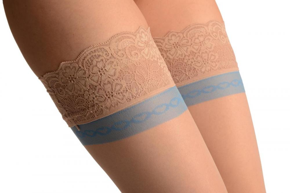 Liss Kiss Nude With Floral Silicon Garter & Blue Stripe - Hold Ups