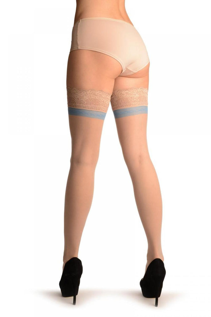 liss kiss Nude With Floral Silicon Garter & Blue Stripe - Hold Ups