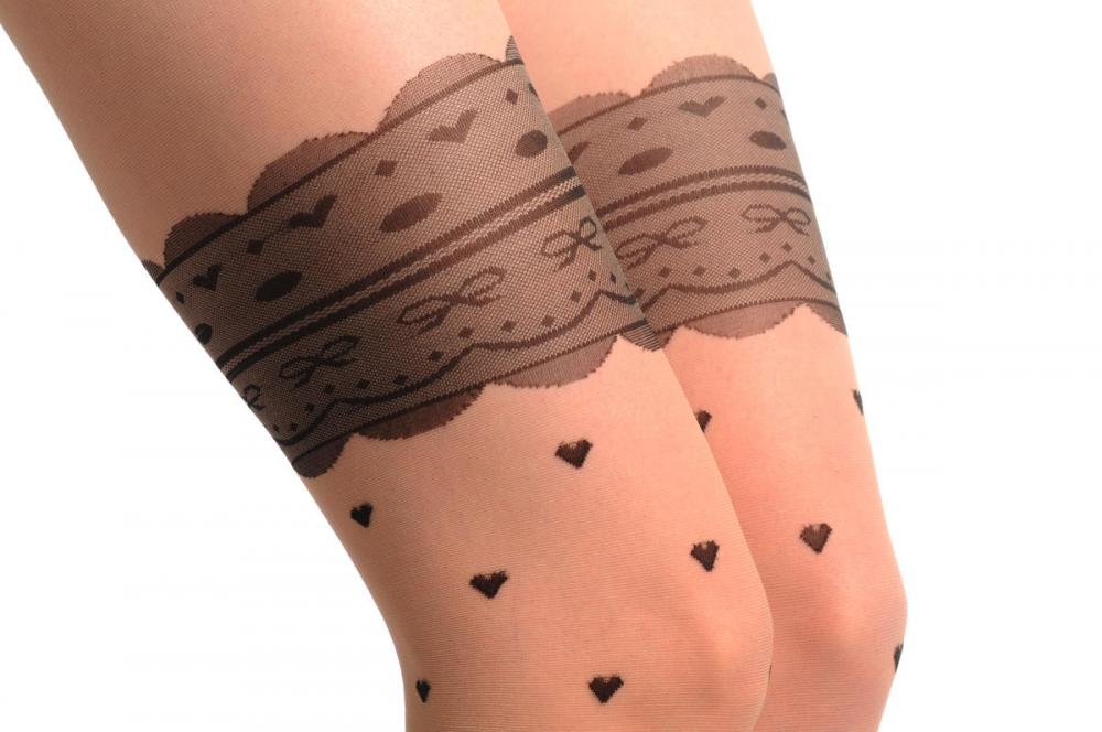 Liss Kiss Nude With Small Black Hearts & Black Garter With Bows - Tights