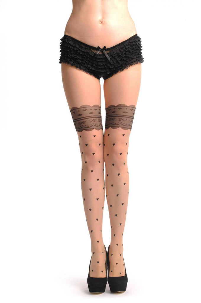 Liss Kiss Nude With Small Black Hearts & Black Garter With Bows - Tights