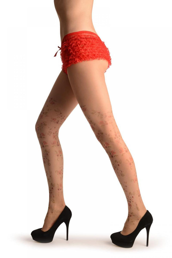 Liss Kiss Nude With Small Printed Poppy Flowers - Tights