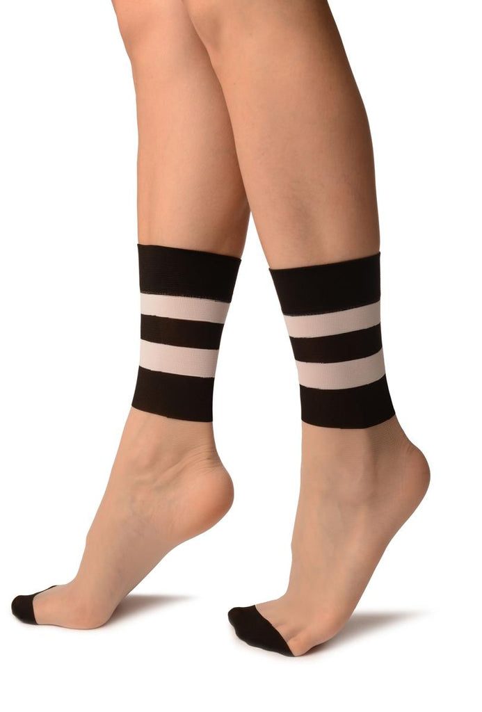Liss Kiss Nude With Wide Comfort Striped Top Ankle High Socks - Socks