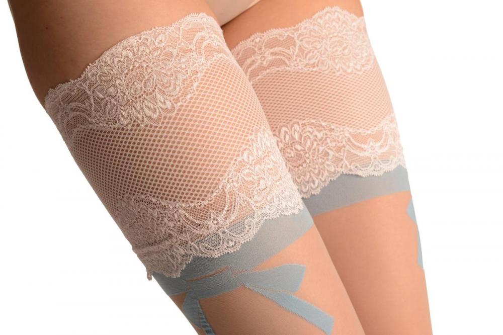 Liss Kiss Nude With Wide Pink Lace & Blue Bow - Hold Ups
