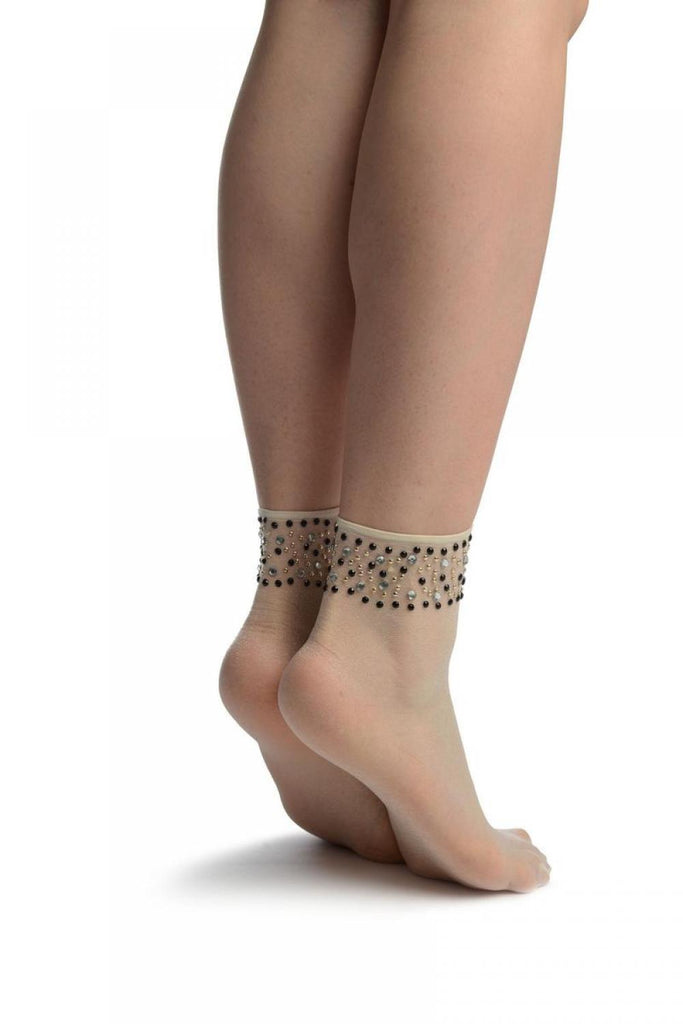 Liss Kiss Off-White With Crystals Ankle High Socks - Socks