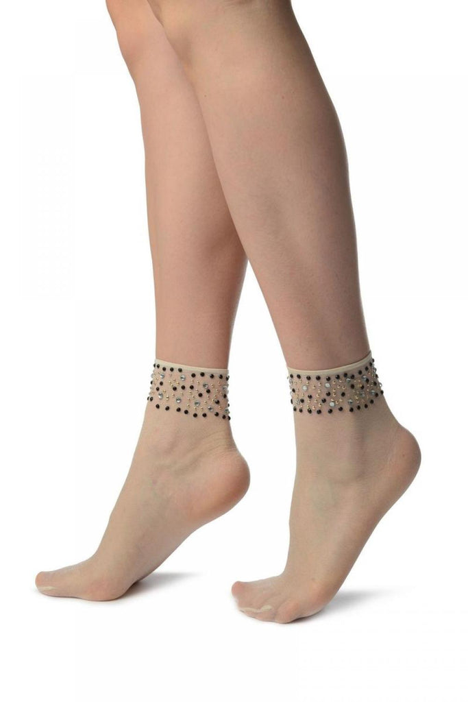 Liss Kiss Off-White With Crystals Ankle High Socks - Socks