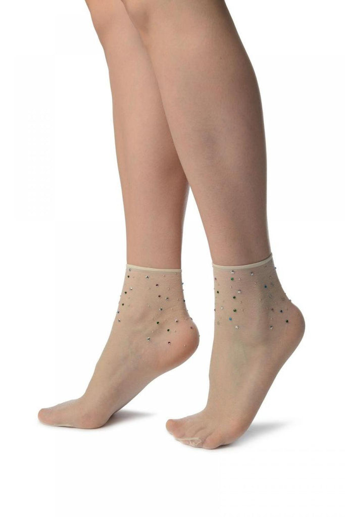 Liss Kiss Off-White With Stars & Crystals Ankle High Socks - Socks