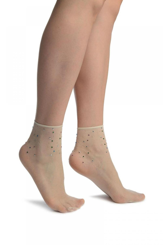 liss kiss Off-White With Stars & Crystals Ankle High Socks - Socks