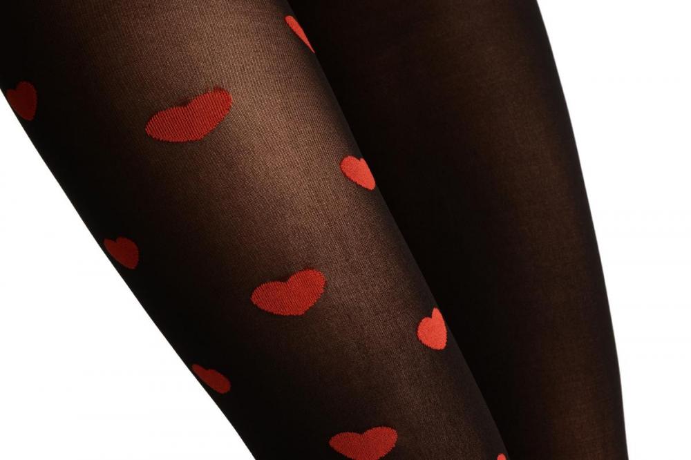 Liss Kiss Ole Leg Black & One Leg With Woven Red Hearts - Tights