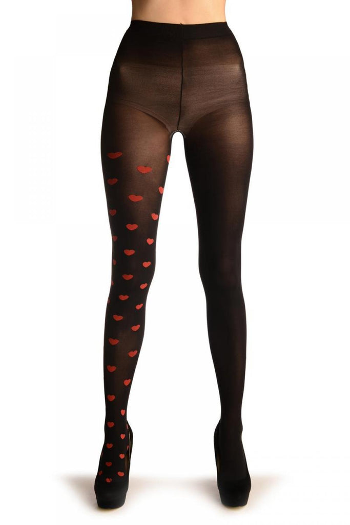 Liss Kiss Ole Leg Black & One Leg With Woven Red Hearts - Tights