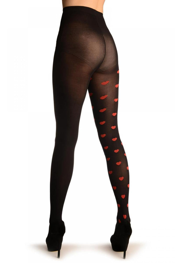 Liss Kiss Ole Leg Black & One Leg With Woven Red Hearts - Tights