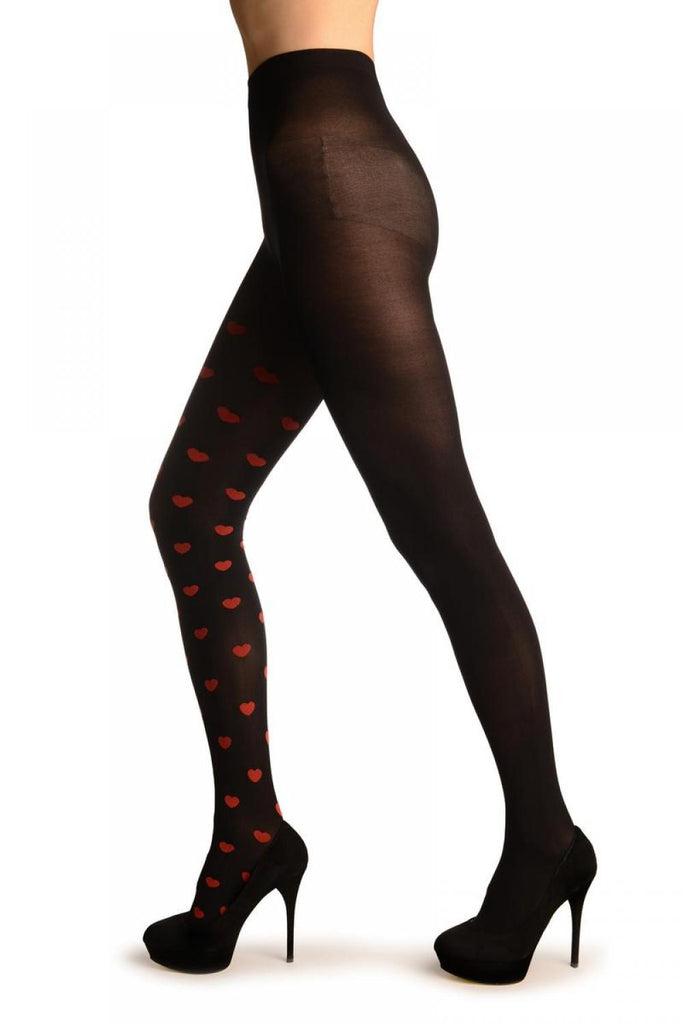 Liss Kiss Ole Leg Black & One Leg With Woven Red Hearts - Tights