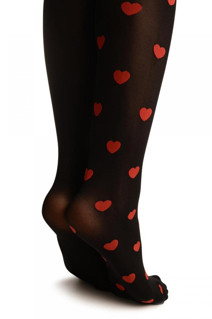 Liss Kiss Ole Leg Black & One Leg With Woven Red Hearts - Tights