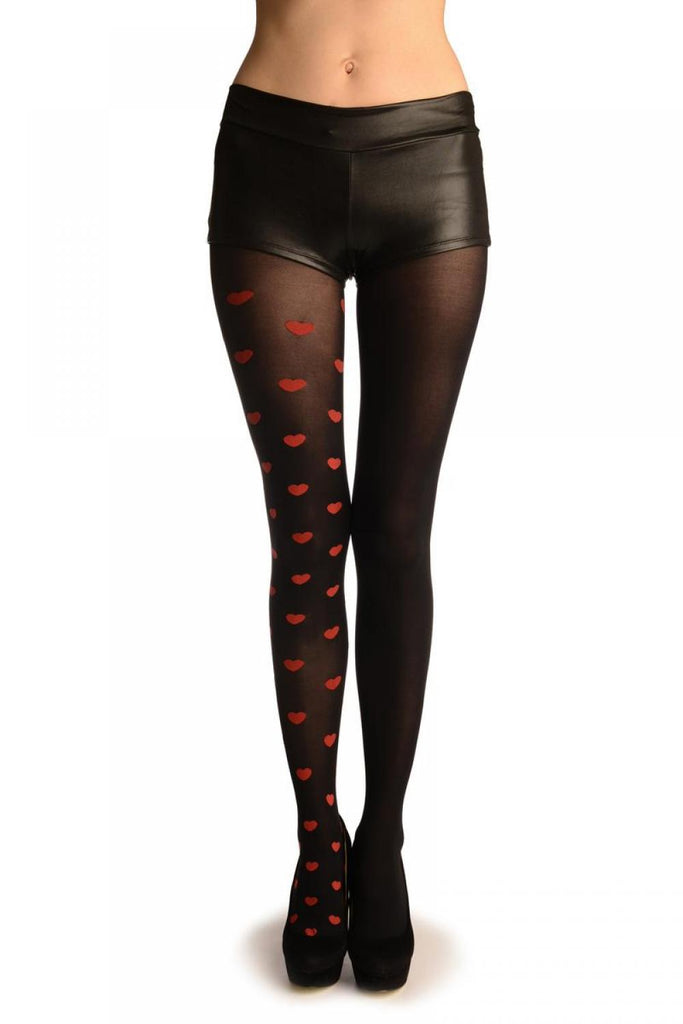 liss kiss Ole Leg Black & One Leg With Woven Red Hearts - Tights