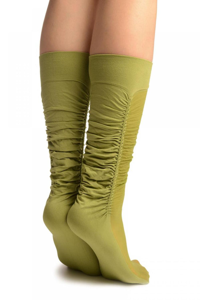 Liss Kiss Olive Green Sheer & Opaque Sides Socks Knee High - Socks