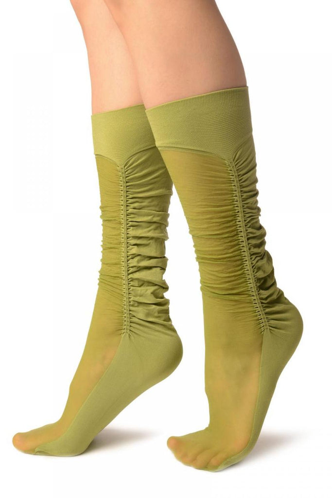 Liss Kiss Olive Green Sheer & Opaque Sides Socks Knee High - Socks